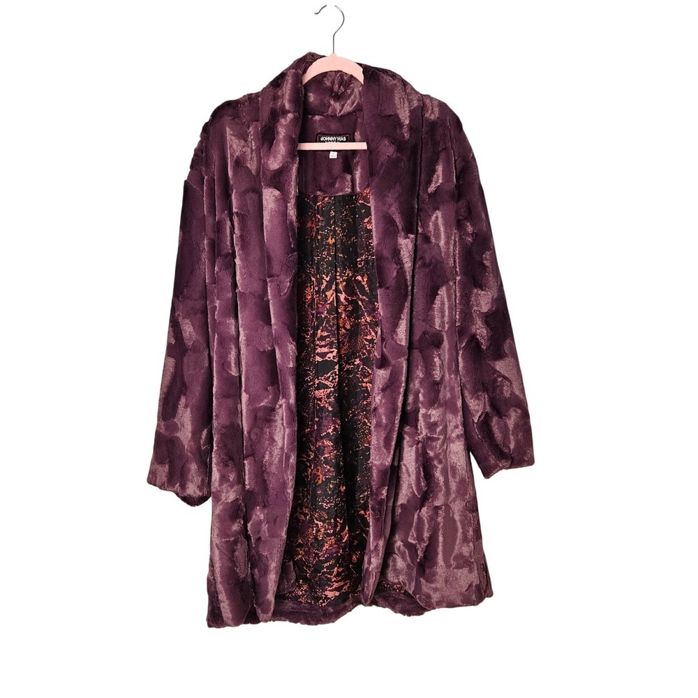 Johnny Was Workshop Rose Purple Faux Fur Silk Lined Open Coat W45421-9 Womens L